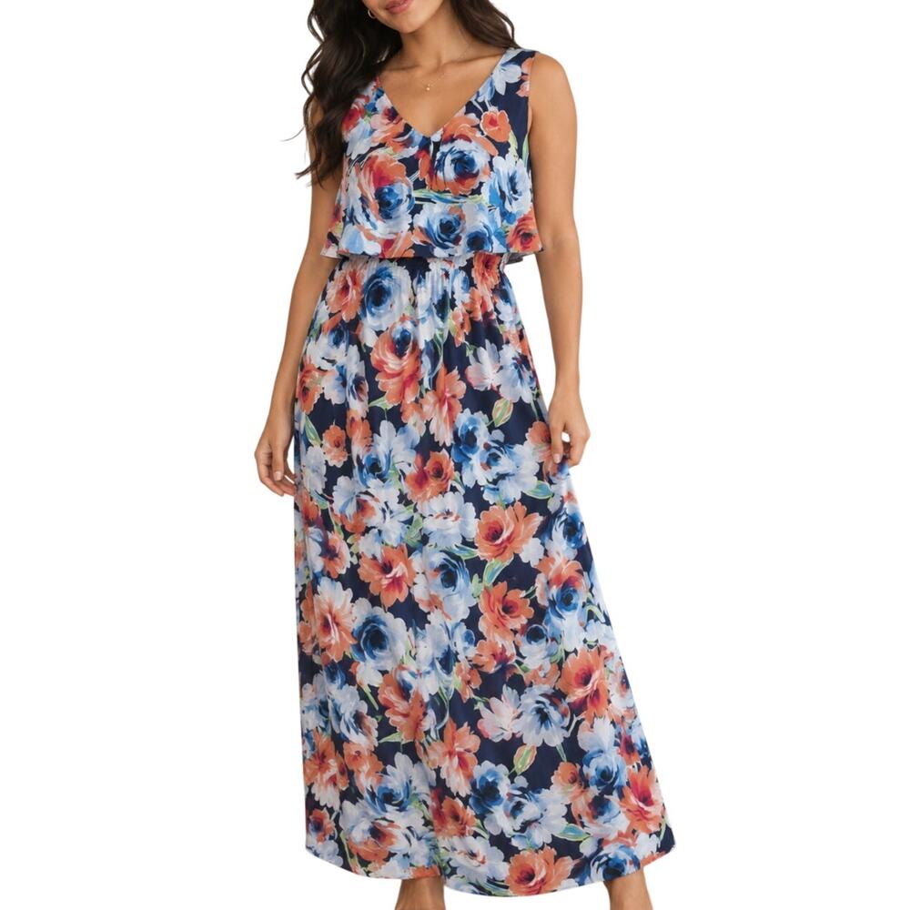 Blue Orange Floral Maxi Dress M V Neck Crisscross Back Summer Boho